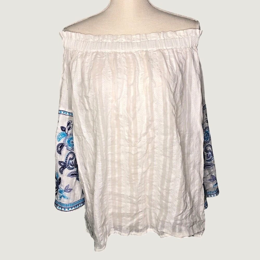 Saks Fifth Avenue Top L White Blue Embroidered Off Shoulder Bell Sleeve Cotton